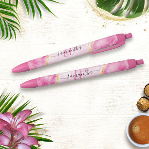 Stylo Bleu Monogramme Élégant Moderne Fille Glam Marbre rose