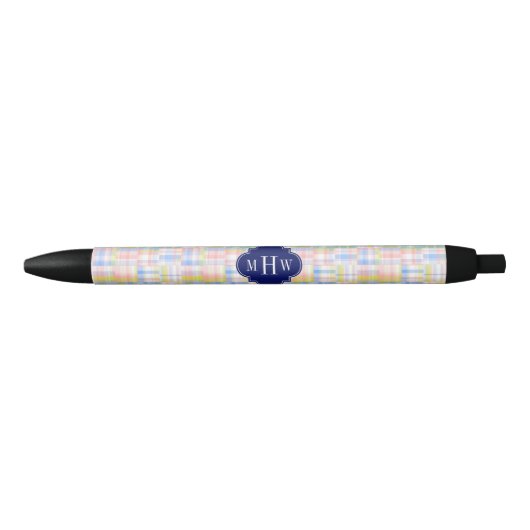 Stylo Bleu Pastel Patchwork Madras Navy Quatrefoil Monogramme (Devant)