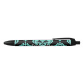 Stylo Bleu Turquoise & noir Damask Elegant Personnalisé Chic (Haut)