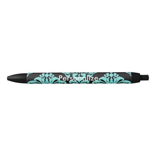 Stylo Bleu Turquoise & noir Damask Elegant Personnalisé Chic (Devant)
