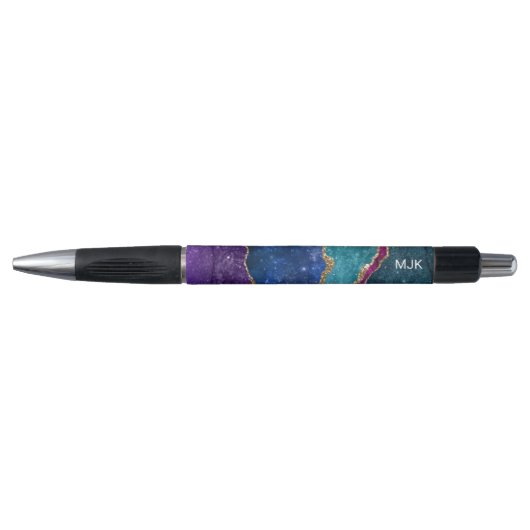 Stylo Blue Purple Aqua Gold Veines Agate Monogramme (Devant)