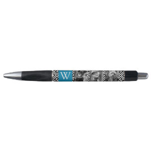 Stylo Clé grecque bleue et collage photo monogramme