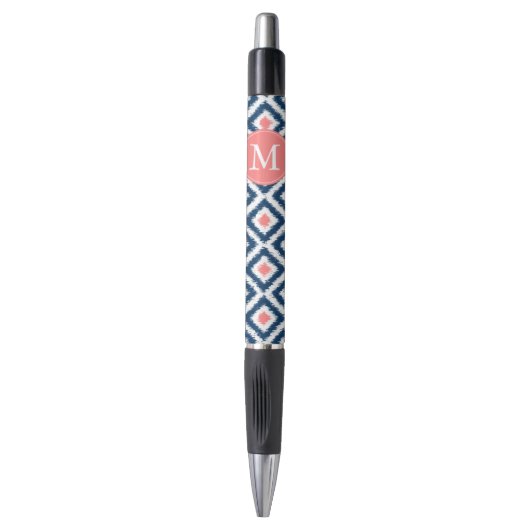 Stylo Diamants bleu et corail monogrammes Ikat Motif (Devant (Vertical))