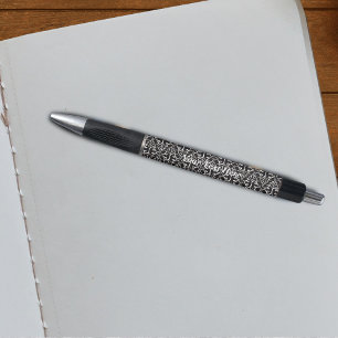 Stylo Élégant Damas Noir Blanc Avec Parchemins Blancs
