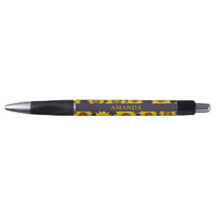 Stylo Élégant Jaune Nom personnalisé Motif de tournesol