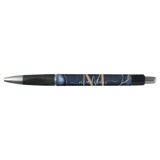 Stylo Elégant Marine Blue Gold Agate Géode Chic Monogram (Devant)