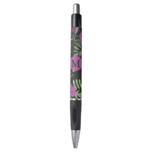 Stylo Élégante Fleurs violettes Art sur Monogramme noir