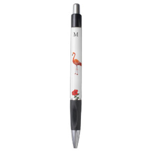 Stylo Flamant rose, fleur d'hibiscus rouge et monogramme