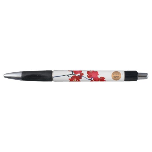 Stylo Fleur aquarelle rouge monogrammé cercle de cuivre (Devant)