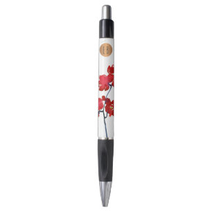 Stylo Fleur aquarelle rouge monogramme en cercle de cuiv