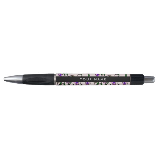 Stylo Fleurs Colorées, Fond Rose, Noir (Devant)