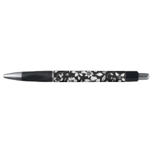 Stylo Fleurs de feuilles florales modernes noir blanc qu