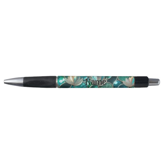 Stylo Glitterie Turquoise Fleurs Et Queue De Sirène Nom  (Devant)