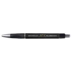 Stylo Initiales Monogrammées Noires et Dorées Modernes e