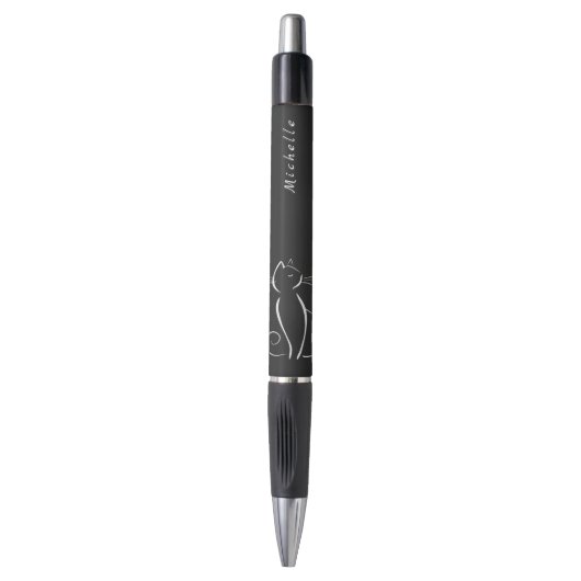 Stylo Minimaliste Chat Blanc Sur Noir Ajouter Nom (Devant (Vertical))