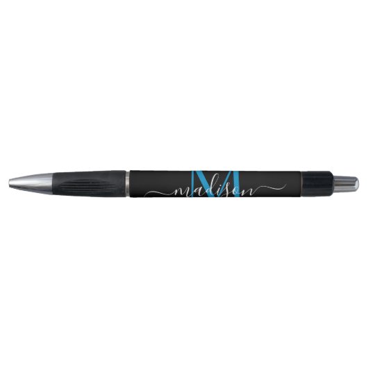 Stylo Monogramme bleu océan noir Nom du script élégant (Devant)