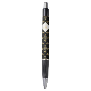 Stylo Monogramme de luxe Noir et Or Quatre Floral