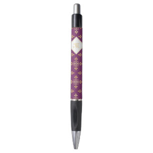 Stylo Monogramme de luxe violet et or Quatre Floral