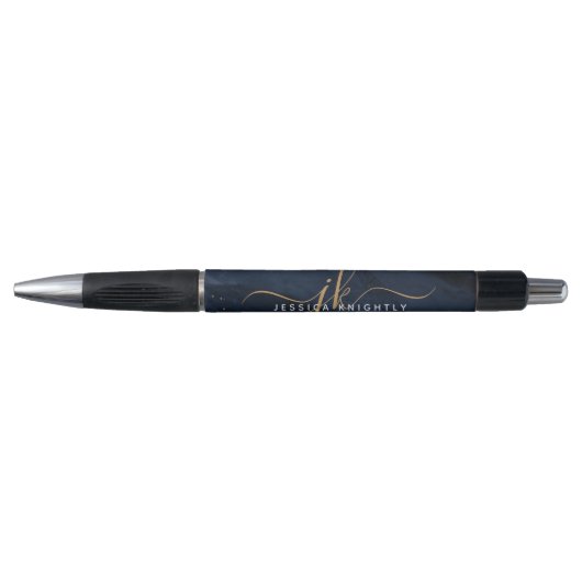 Stylo Monogramme doré sur fond bleu marine avec agate (Devant)