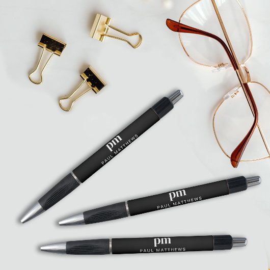 Stylo Monogramme et nom professionnel élégant noir