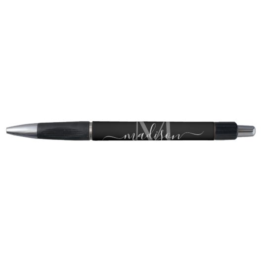 Stylo Monogramme gris argent noir Nom du script élégant (Devant)