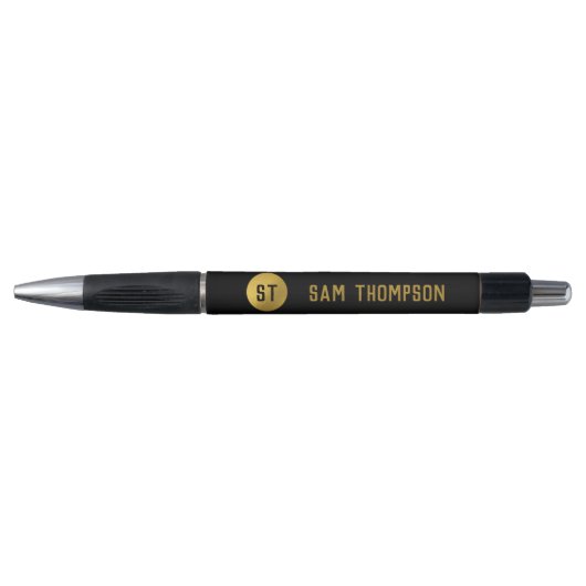 Stylo Monogramme moderne noir & or élégant personnalisé (Devant)