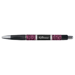 Stylo Motif de rose, argenté et noir de léopard - texte