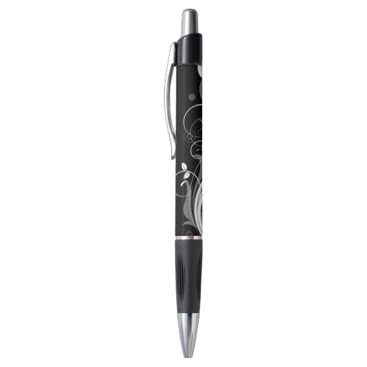 Stylo Motif floral gris sur le noir (Haut (Vertical))