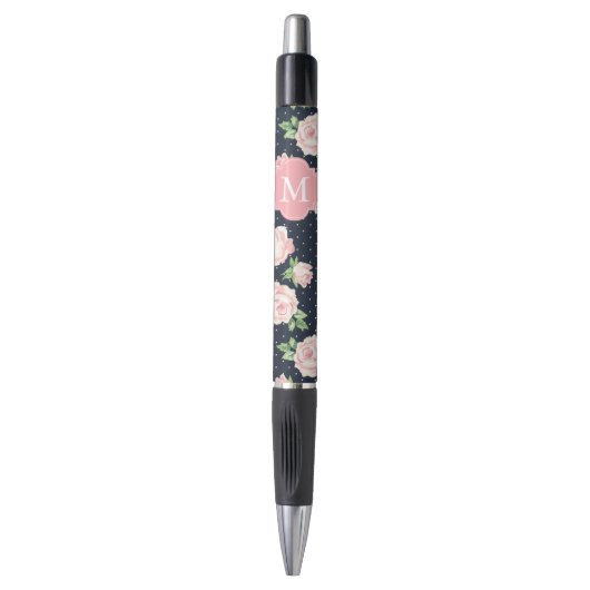 Stylo Motif Rose rose et bleu Vintage Monogramme (Devant (Vertical))