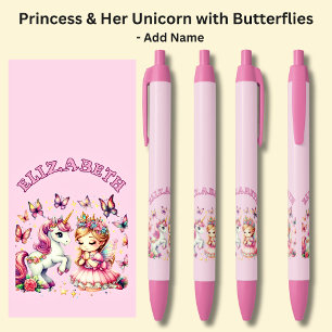 Stylo Noir Ajouter le nom Princess & Her Unicorn & Butterflie