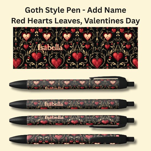Stylo Noir Ajouter Nom, Goth Gothic Red Valentines Coeurs Feu