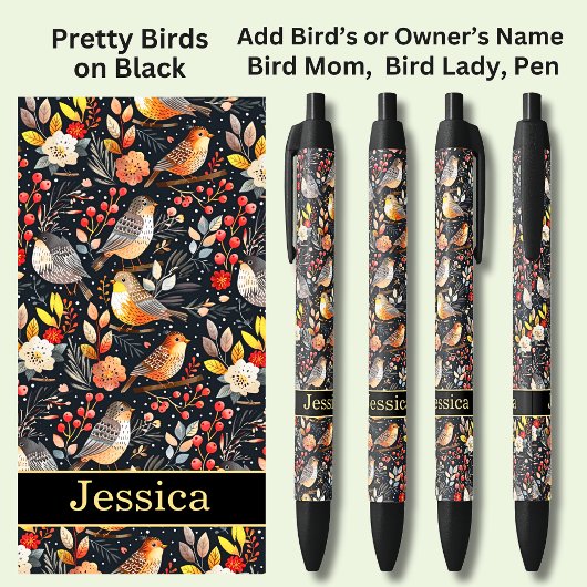 Stylo Noir Ajouter Nom, Orange Birds Red Berries