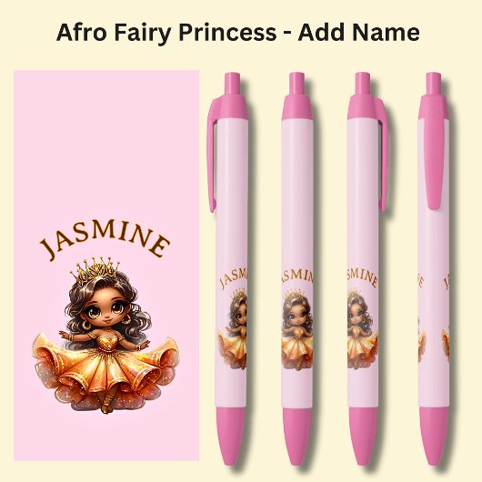 Stylo Noir Ajouter un nom, Afro Fairy Princess sur rose