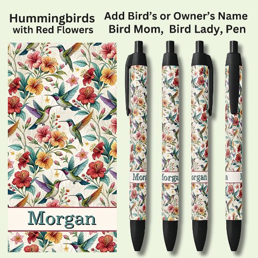 Stylo Noir Ajouter un nom, Colibris aux fleurs rouges