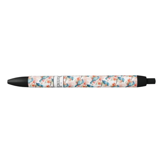 Stylo Noir Ajouter un nom, des oiseaux bleus et roses (Devant)