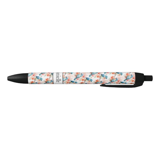 Stylo Noir Ajouter un nom, des oiseaux bleus et roses (Bas)