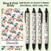 Stylo Noir Ajouter un nom, des oiseaux bleus et roses