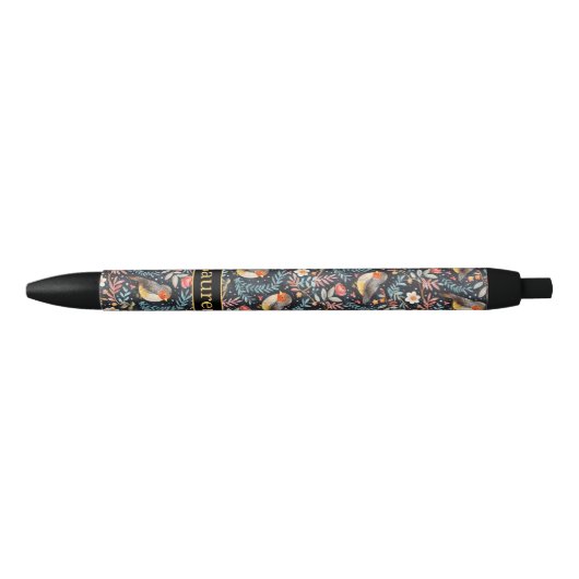 Stylo Noir Ajouter un nom, Oiseaux avec fleurs (Devant)