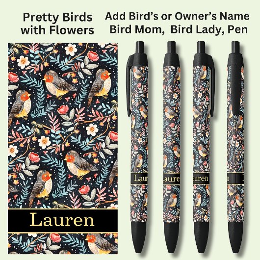 Stylo Noir Ajouter un nom, Oiseaux avec fleurs