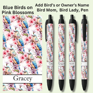 Stylo Noir Ajouter un nom, Oiseaux bleus sur les fleurs roses