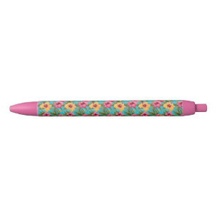 Stylo Noir Ananas à fleurs tropicales