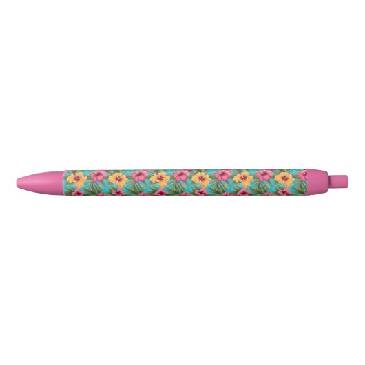 Stylo Noir Ananas à fleurs tropicales (Devant)