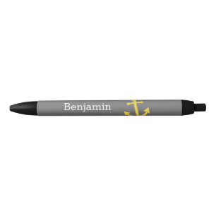 Stylo Noir Ancre jaune avec le nom fait sur commande - gris