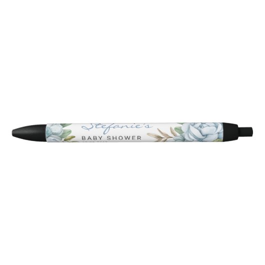 Stylo Noir Aquarelle Blue Flowers Baby shower Faveurs (Devant)