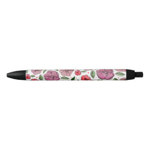 Stylo Noir Aquarelle et fleurs d'encre - rose et vert