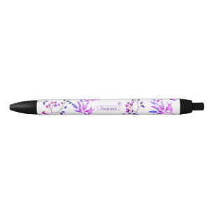 Stylo Noir Aquarelle fleurs violettes et papillons mignons