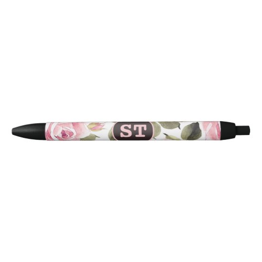 Stylo Noir Aquarelle moderne rose floral noir (Devant)