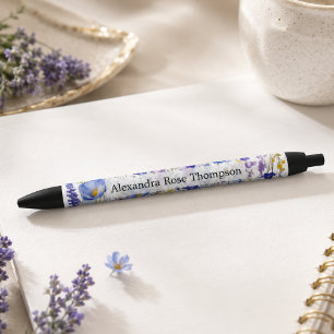 Stylo Noir Aquarelle personnalisée de fleurs sauvages bleues