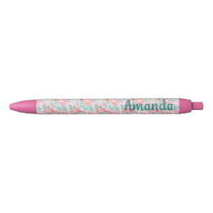 Stylo Noir Aquarelle Rose et Aqua Floral