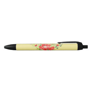 Stylo Noir Aquarelle Rouge Poppies Personnalisé